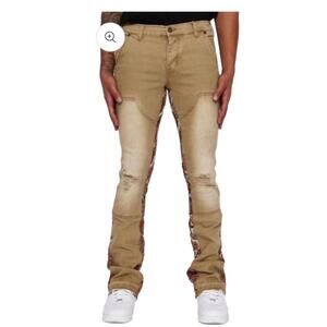 NWT VALABASAS Jeans Mens Size 29 Beige Patchwork Stacked Distressed Slim Fit
